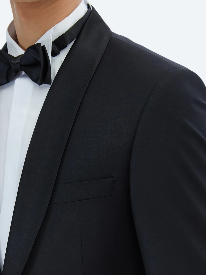 Black Plain Slim Fit Shawl Collar Weaving Tuxedo - 4