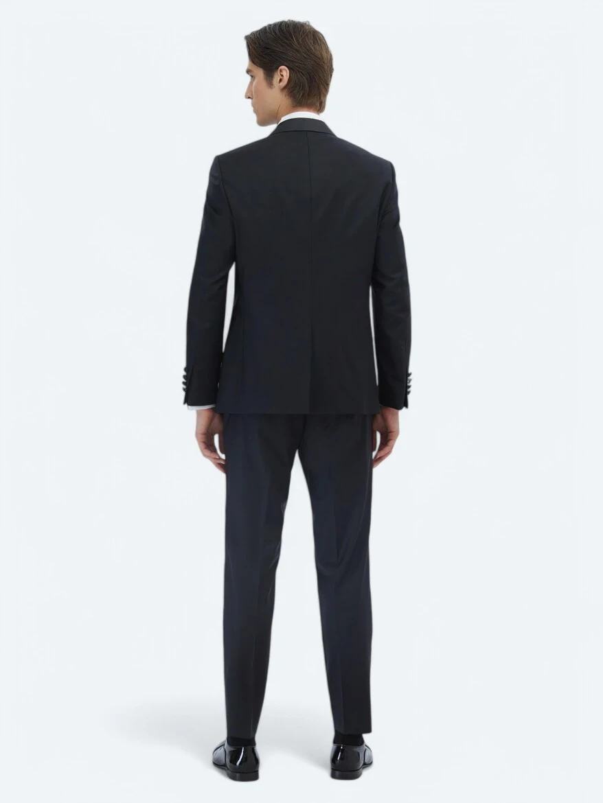 Black Plain Slim Fit Shawl Collar Weaving Tuxedo - 5