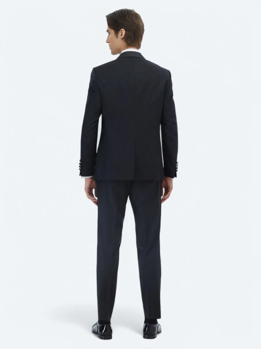 Black Plain Slim Fit Shawl Collar Weaving Tuxedo - 5