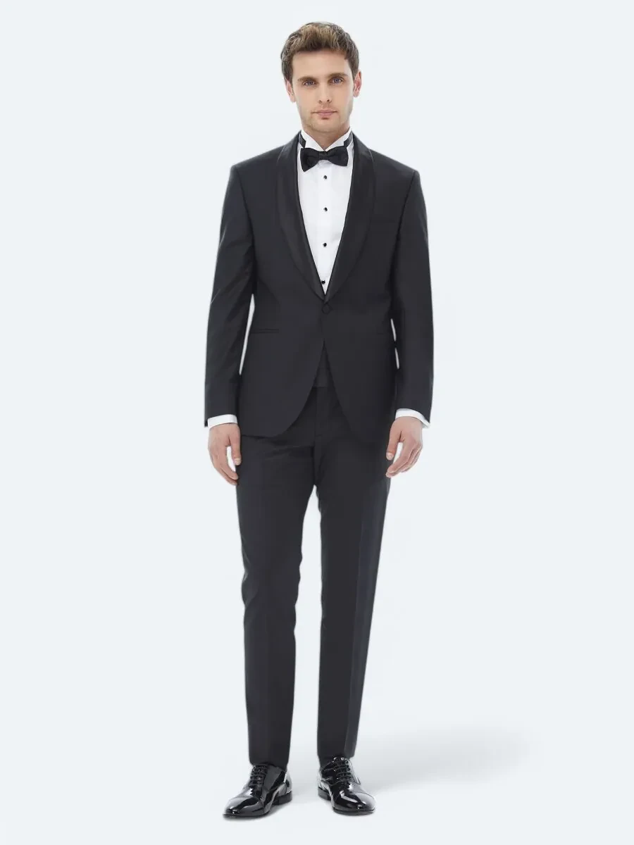 Black Plain Slim Fit Shawl Collar Weaving Tuxedo - 2