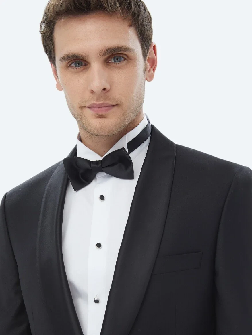 Black Plain Slim Fit Shawl Collar Weaving Tuxedo - 3