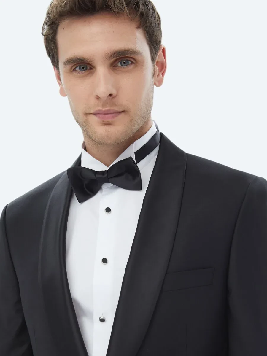 Black Plain Slim Fit Shawl Collar Weaving Tuxedo - 3