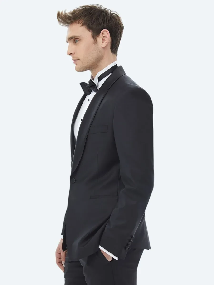 Black Plain Slim Fit Shawl Collar Weaving Tuxedo - 4