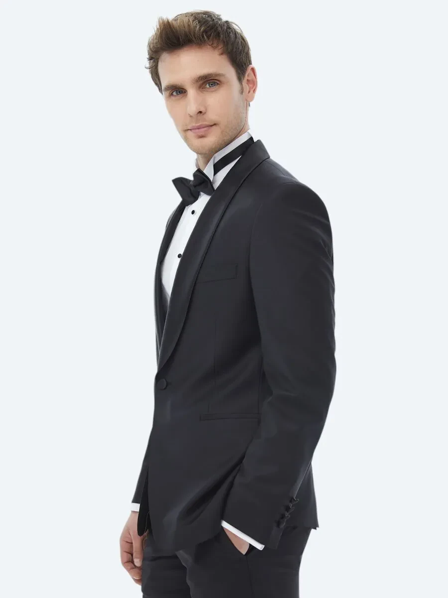 Black Plain Slim Fit Shawl Collar Weaving Tuxedo - 6