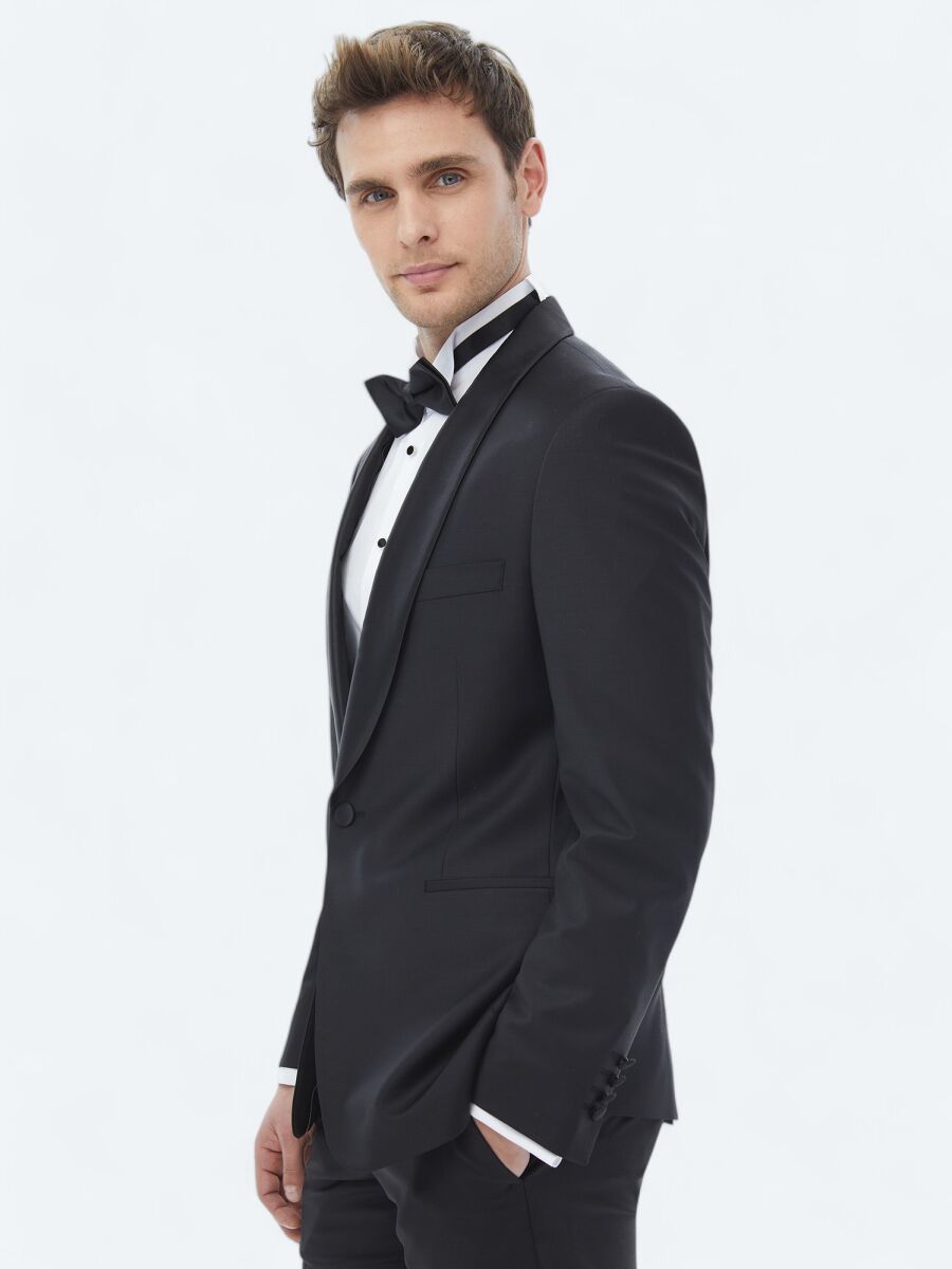 Black Plain Slim Fit Shawl Collar Weaving Tuxedo - 4