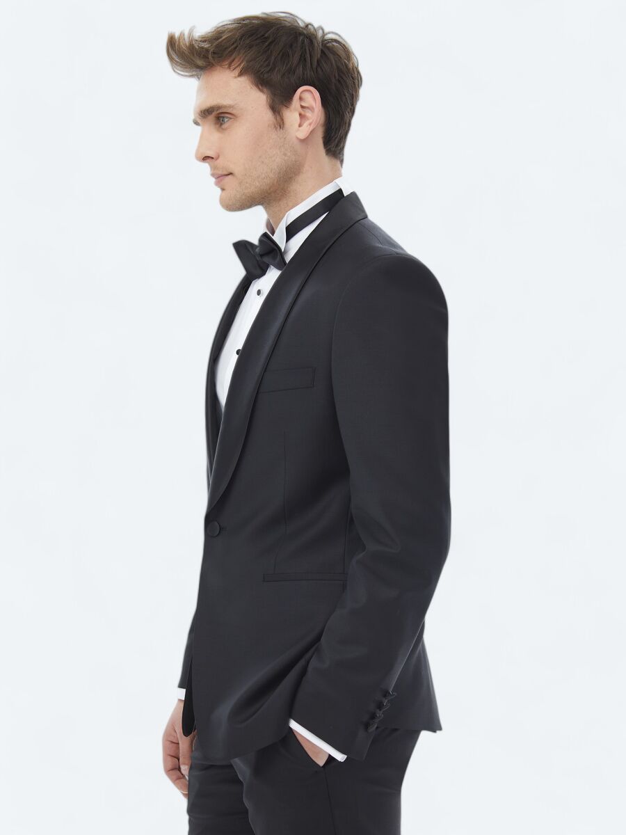 Black Plain Slim Fit Shawl Collar Weaving Tuxedo - 6