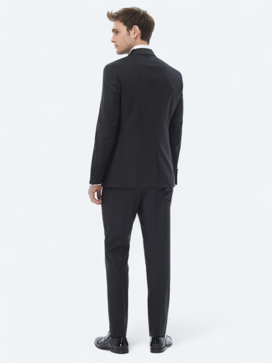 Black Plain Slim Fit Shawl Collar Weaving Tuxedo - 8