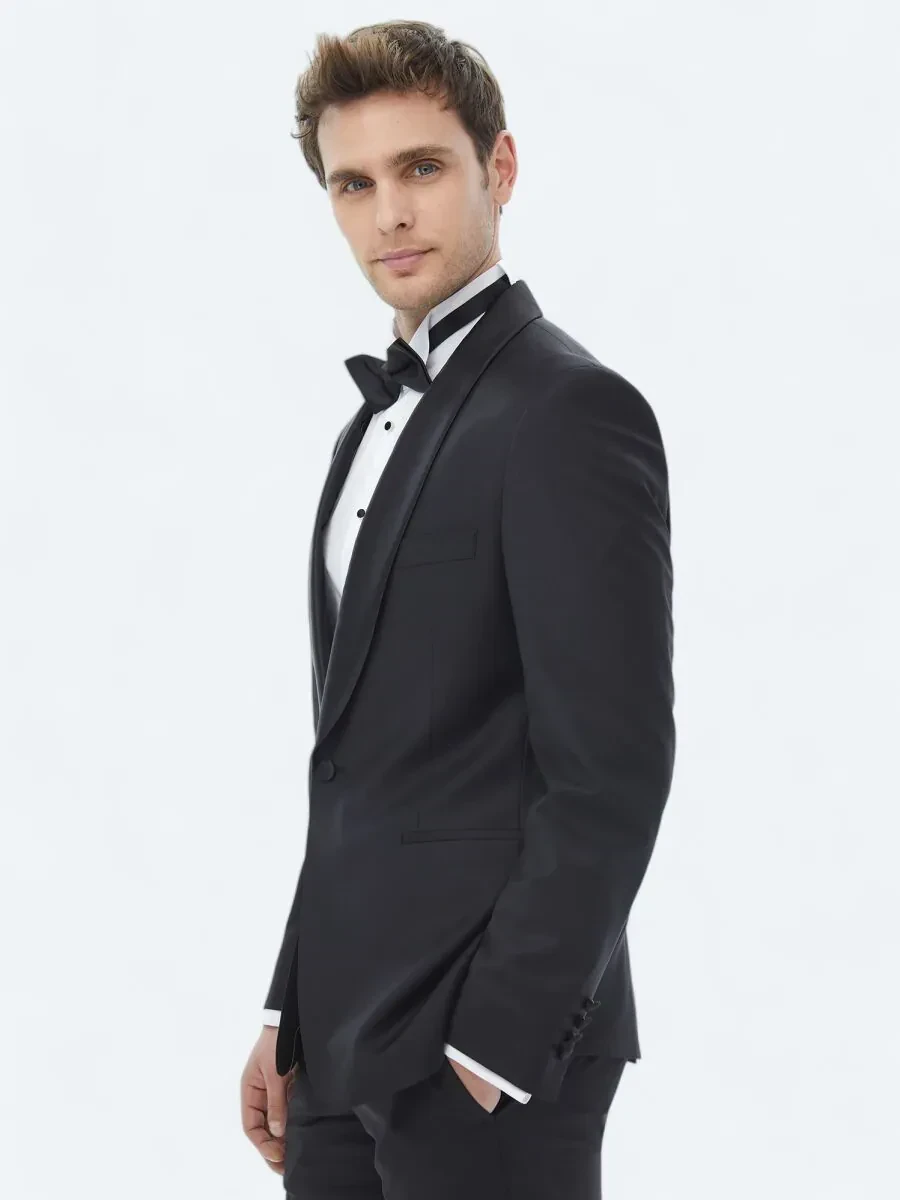Black Plain Slim Fit Shawl Collar Weaving Tuxedo - 4
