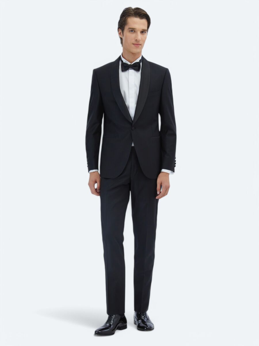Black Plain Slim Fit Shawl Collar Weaving Tuxedo - 1