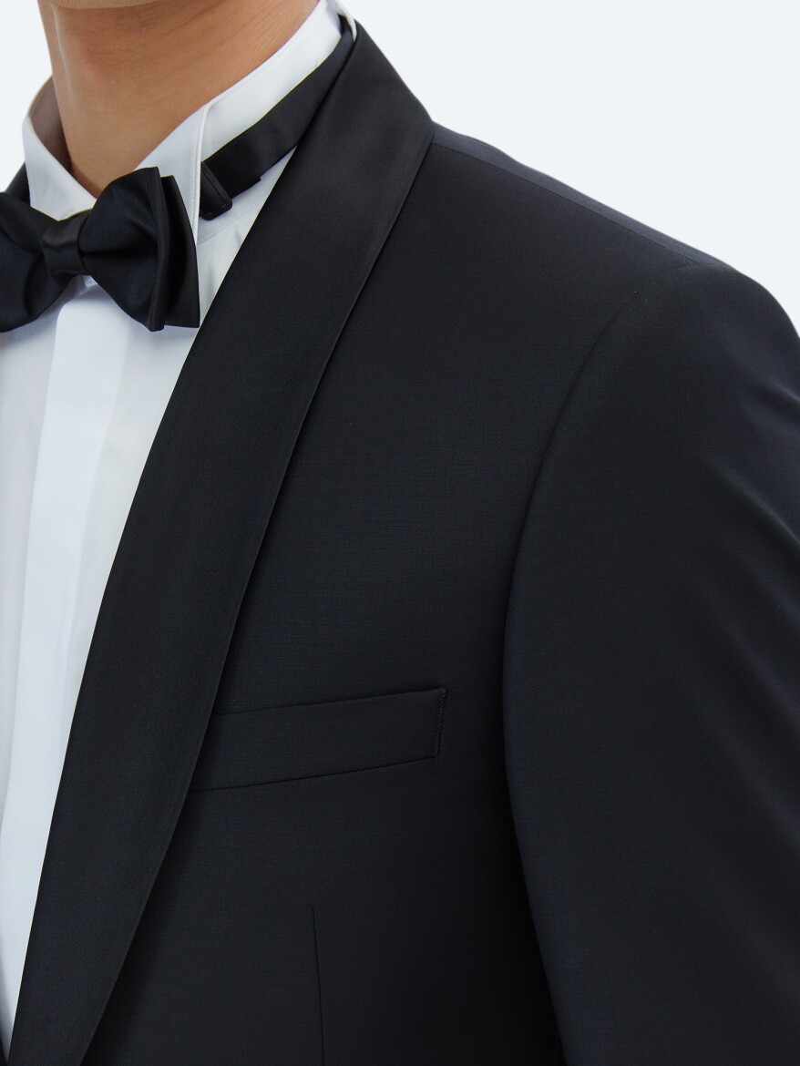 Black Plain Slim Fit Shawl Collar Weaving Tuxedo - 4