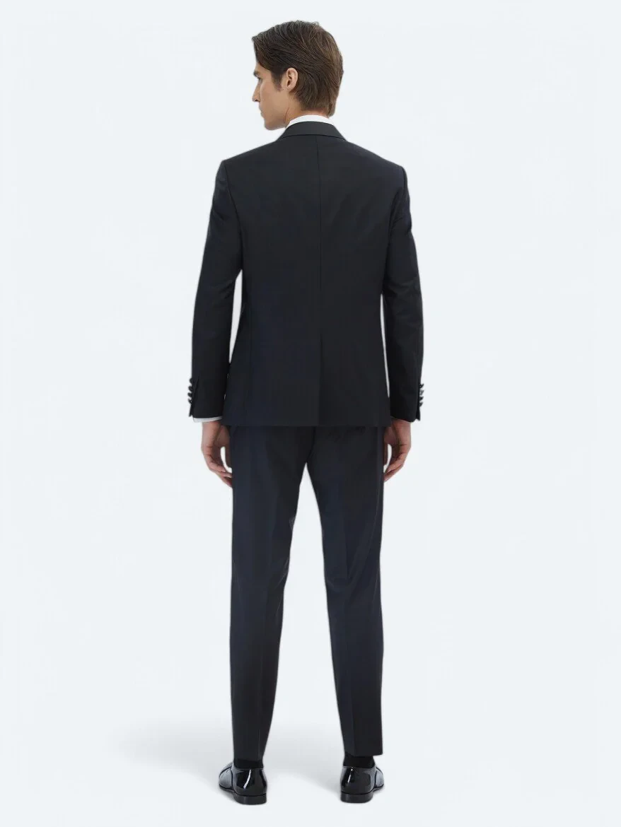 Black Plain Slim Fit Shawl Collar Weaving Tuxedo - 5