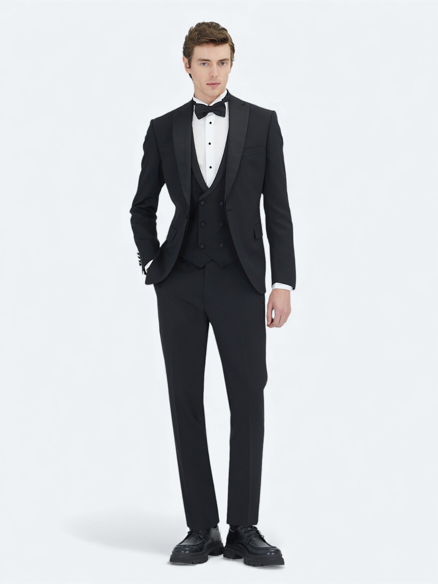 Black Plain Slim Fit Shawl Collar Weaving Tuxedo With West - KİP