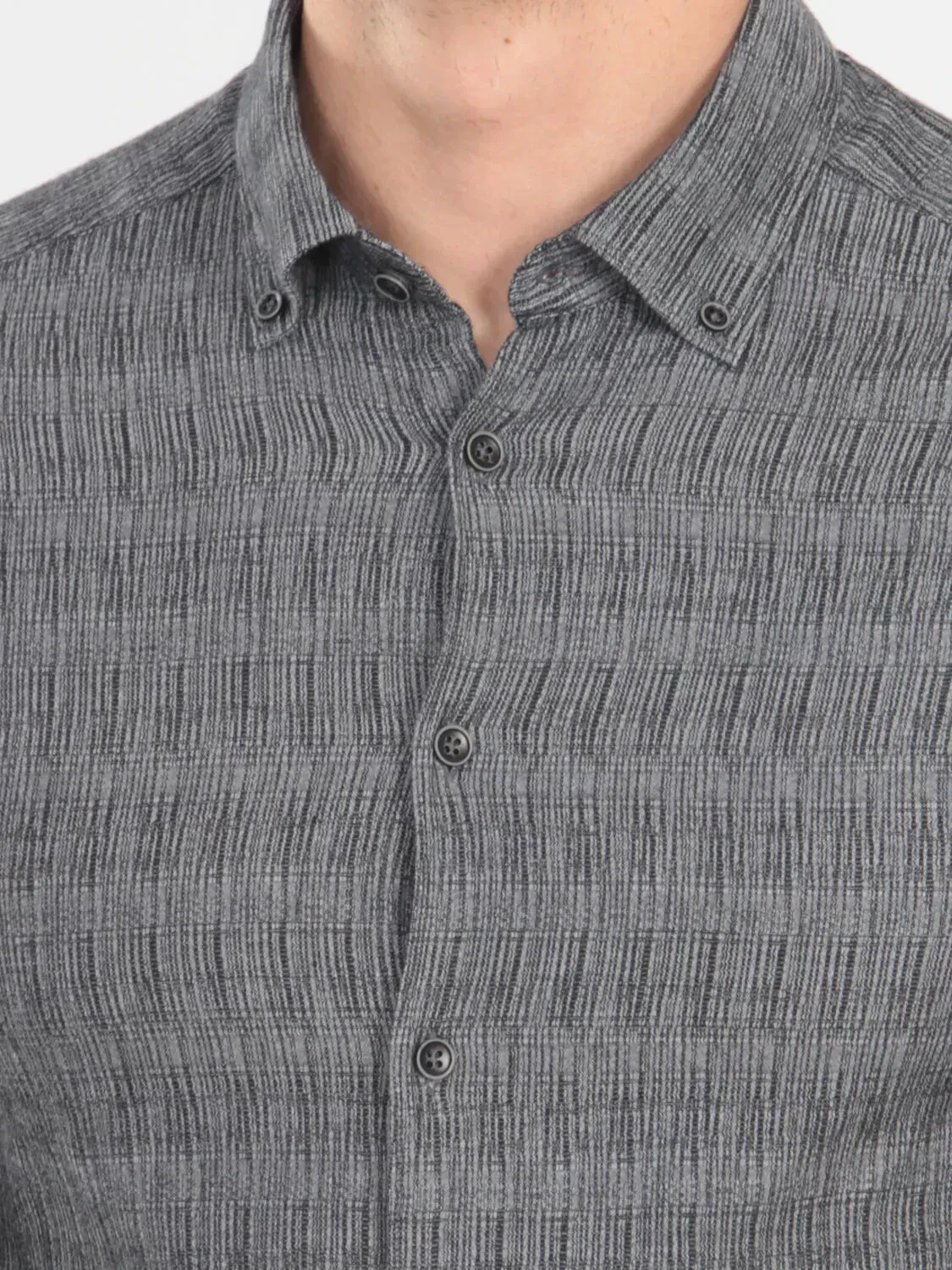 Black Plain Slim Fit Weaving Casual Cotton Blended Shirt - 4