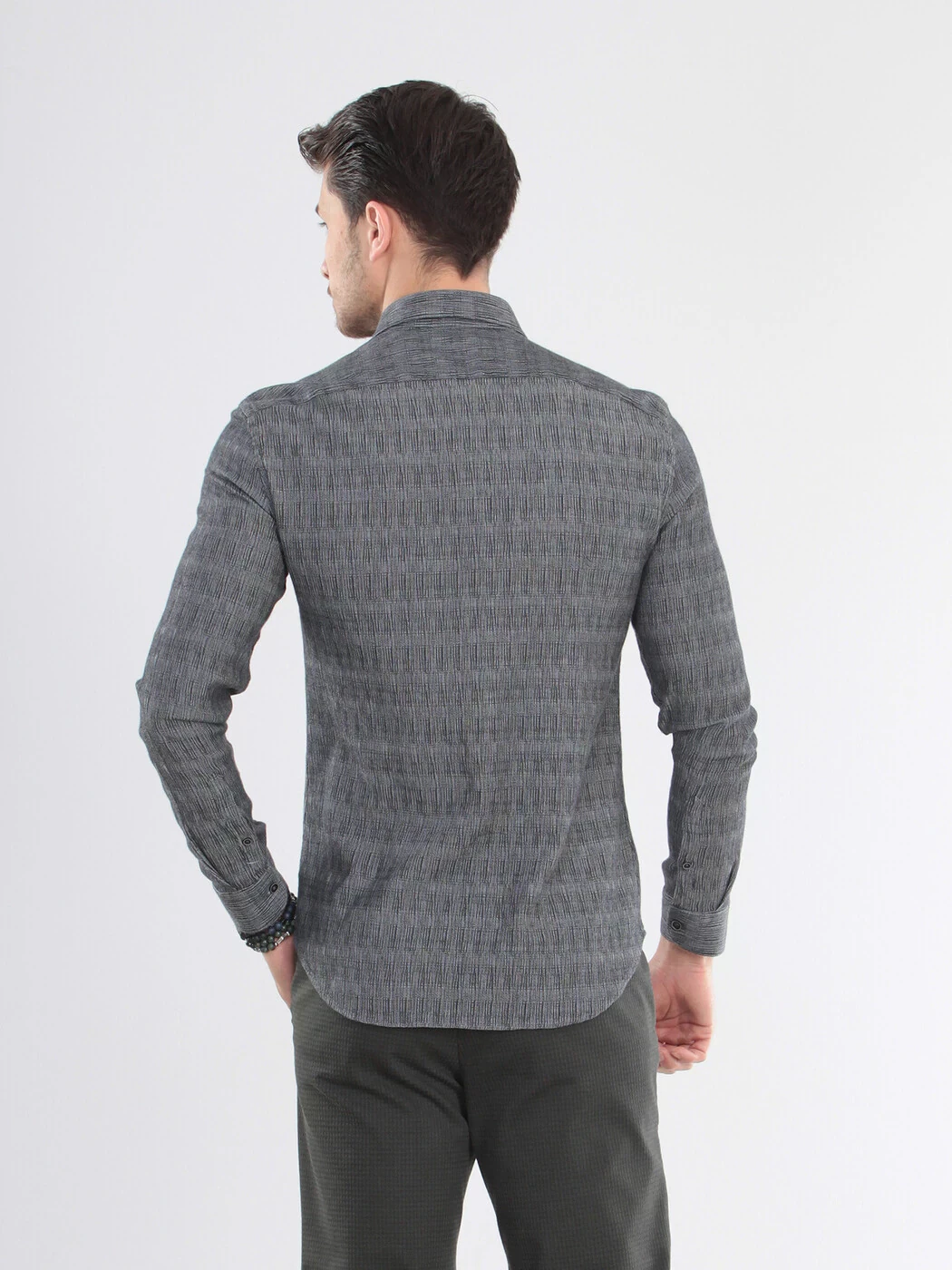Black Plain Slim Fit Weaving Casual Cotton Blended Shirt - 5