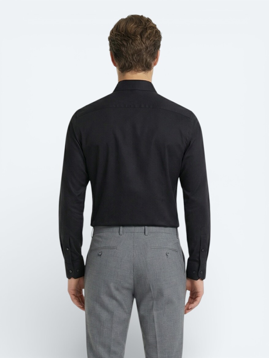 Black Plain Slim Fit Weaving Classical 100% Cotton Shirt - 4