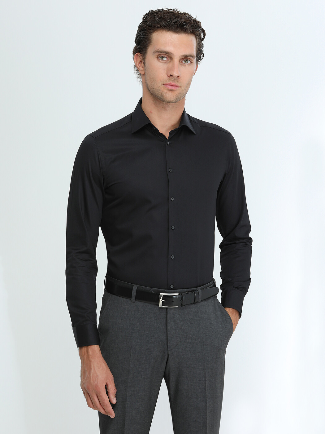 Black Plain Slim Fit Weaving Classical 100% Cotton Shirt - 1