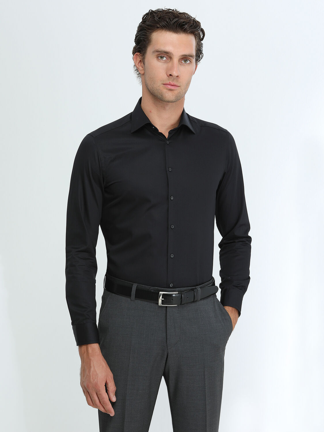 Black Plain Slim Fit Weaving Classical 100% Cotton Shirt - 1