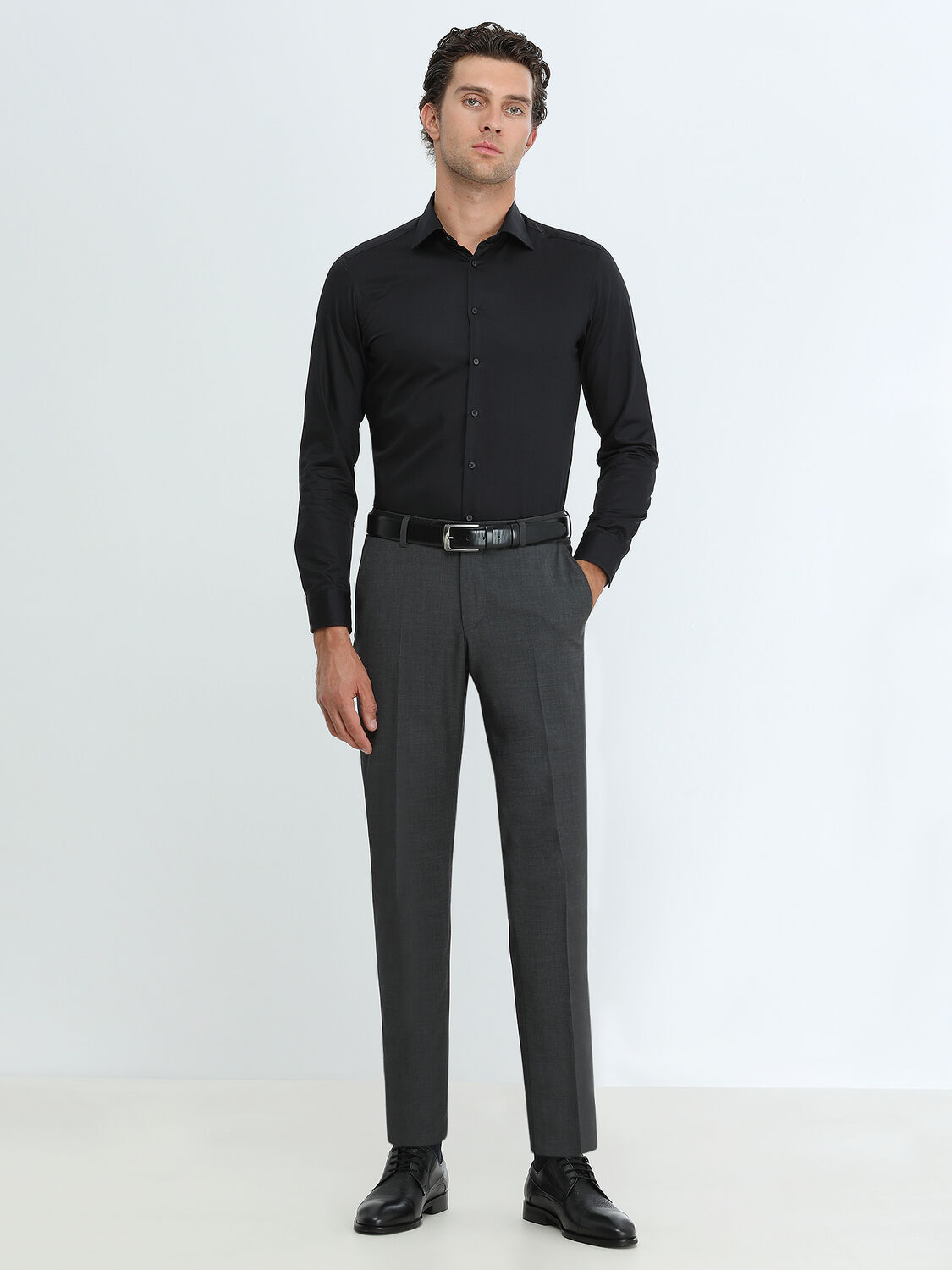 Black Plain Slim Fit Weaving Classical 100% Cotton Shirt - 2