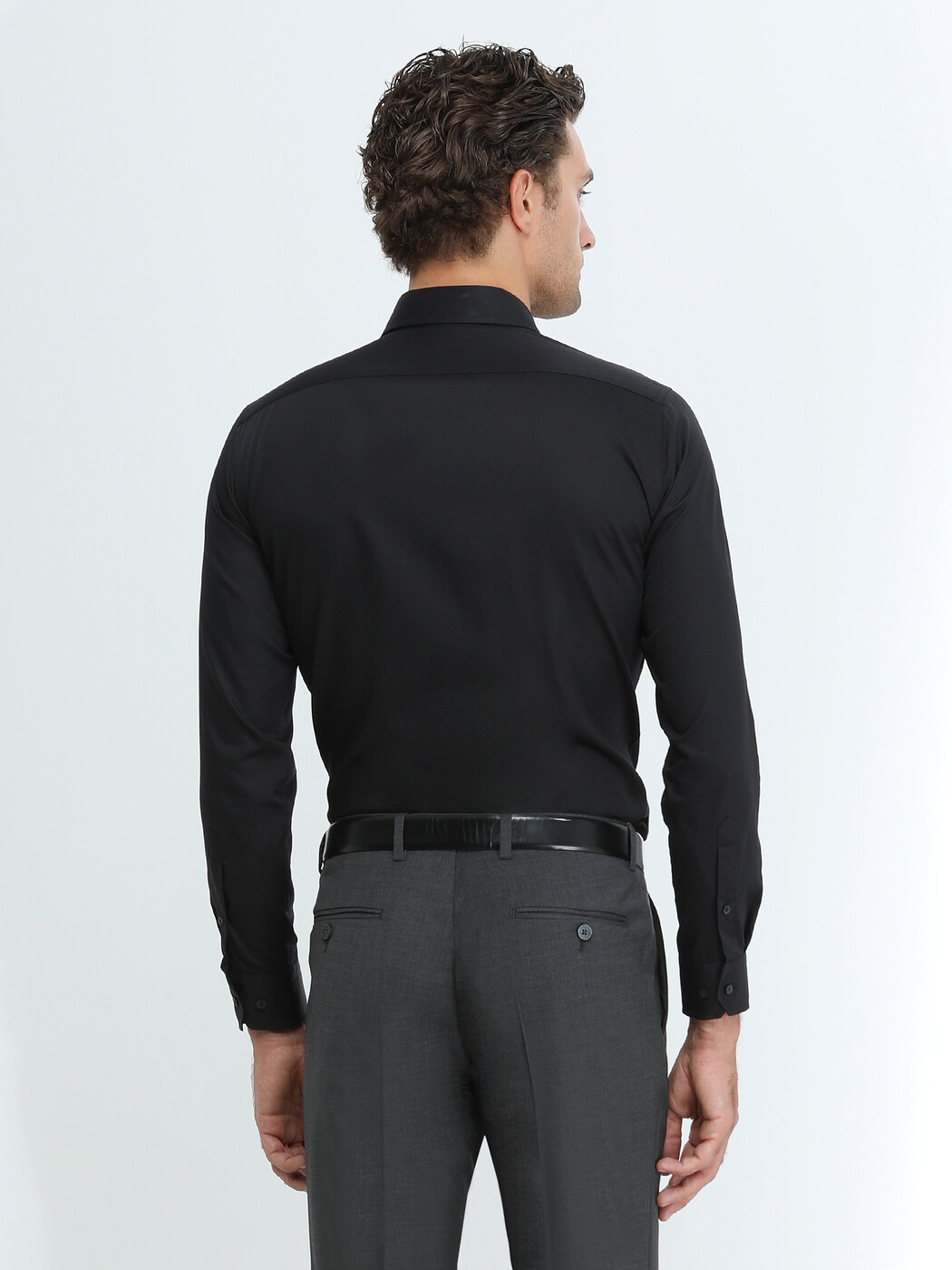 Black Plain Slim Fit Weaving Classical 100% Cotton Shirt - 5