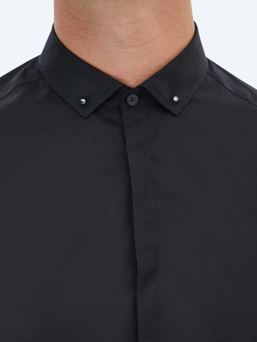 Black Plain Slim Fit Weaving Classical 100% Cotton Shirt 