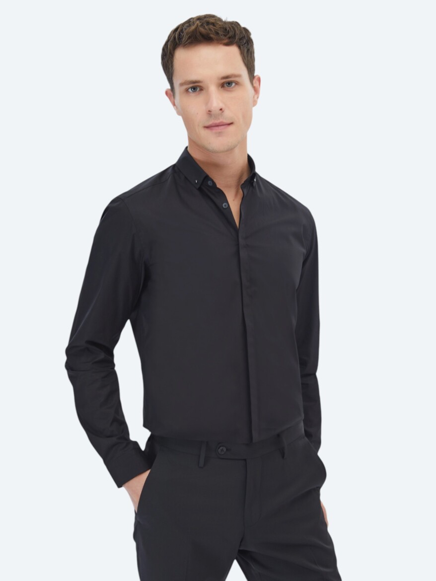 Black Plain Slim Fit Weaving Classical 100% Cotton Shirt - 1