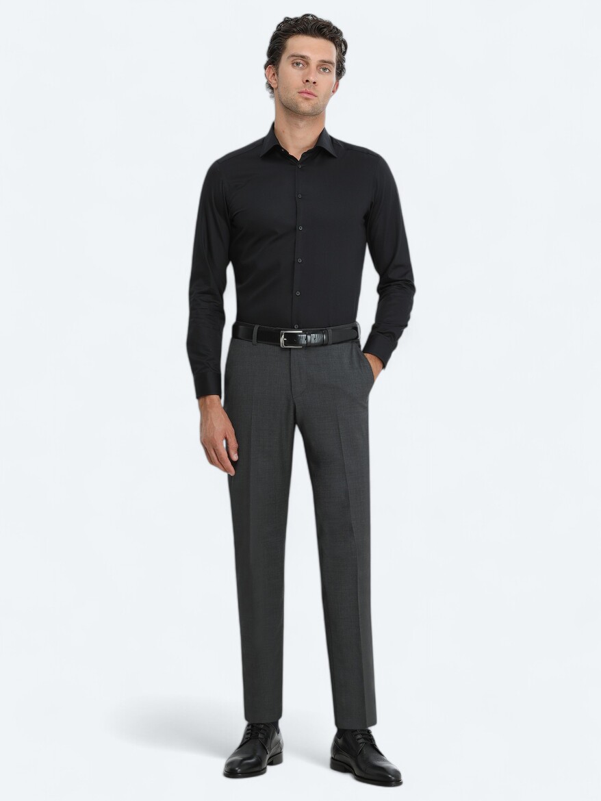 Black Plain Slim Fit Weaving Classical 100% Cotton Shirt - 2