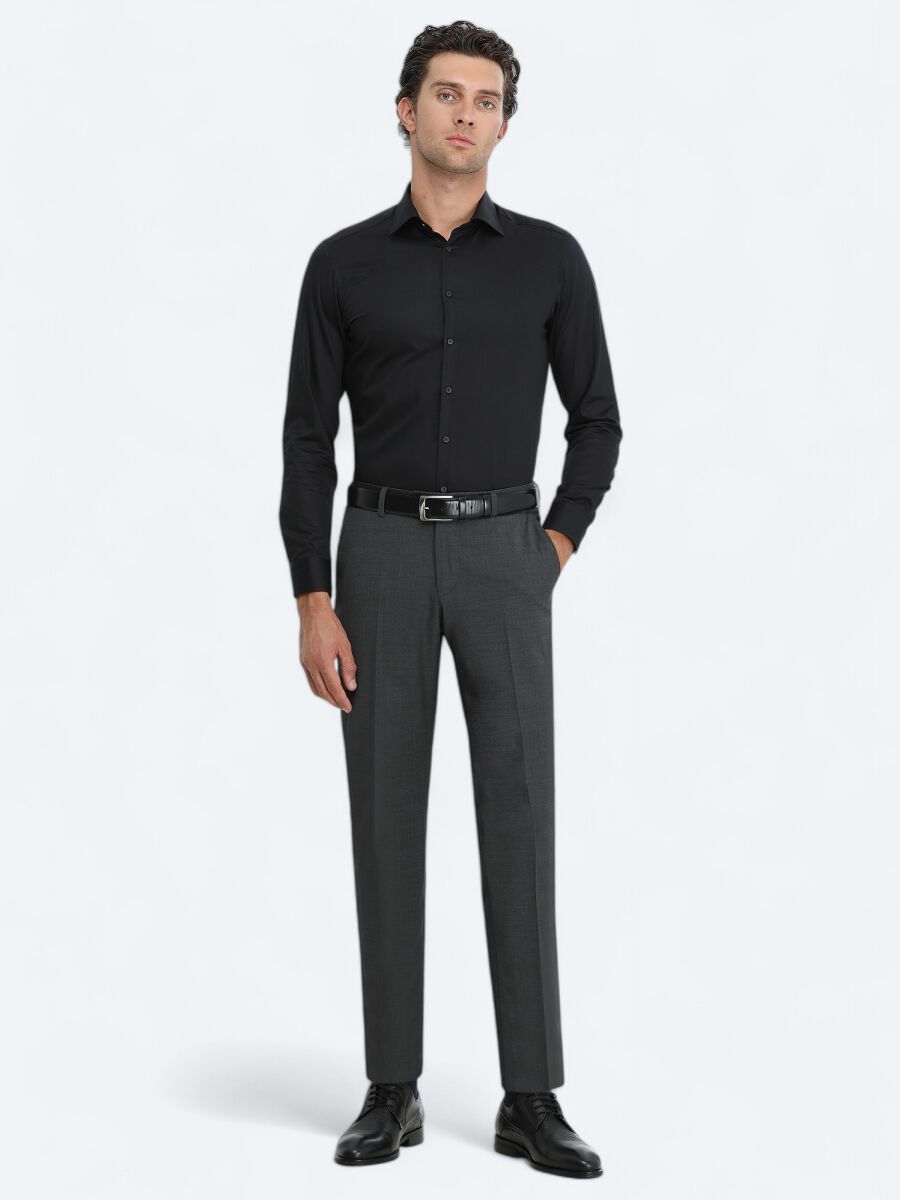 Black Plain Slim Fit Weaving Classical 100% Cotton Shirt - 2