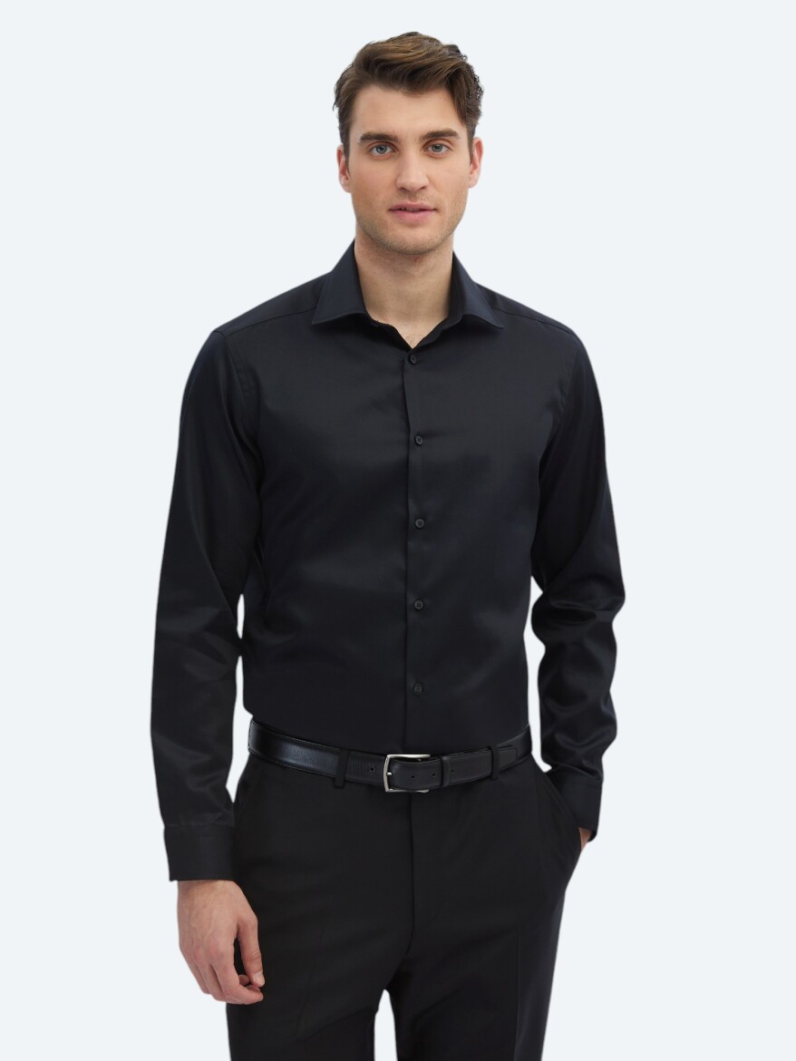Black Plain Slim Fit Weaving Classical 100% Cotton Shirt - 1