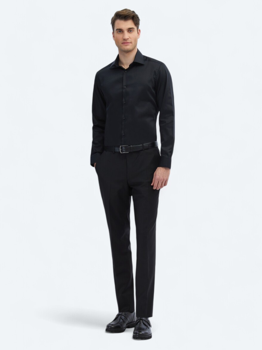 Black Plain Slim Fit Weaving Classical 100% Cotton Shirt - 2
