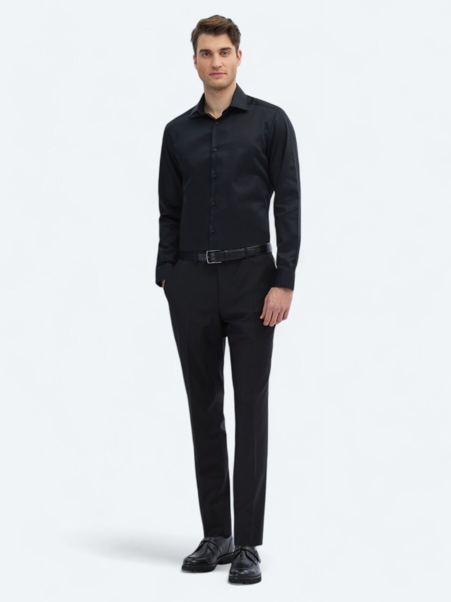 Black Plain Slim Fit Weaving Classical 100% Cotton Shirt - 2