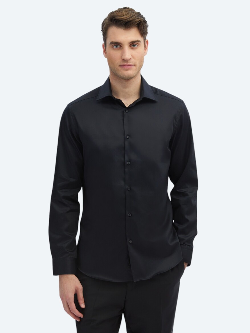 Black Plain Slim Fit Weaving Classical 100% Cotton Shirt - 3