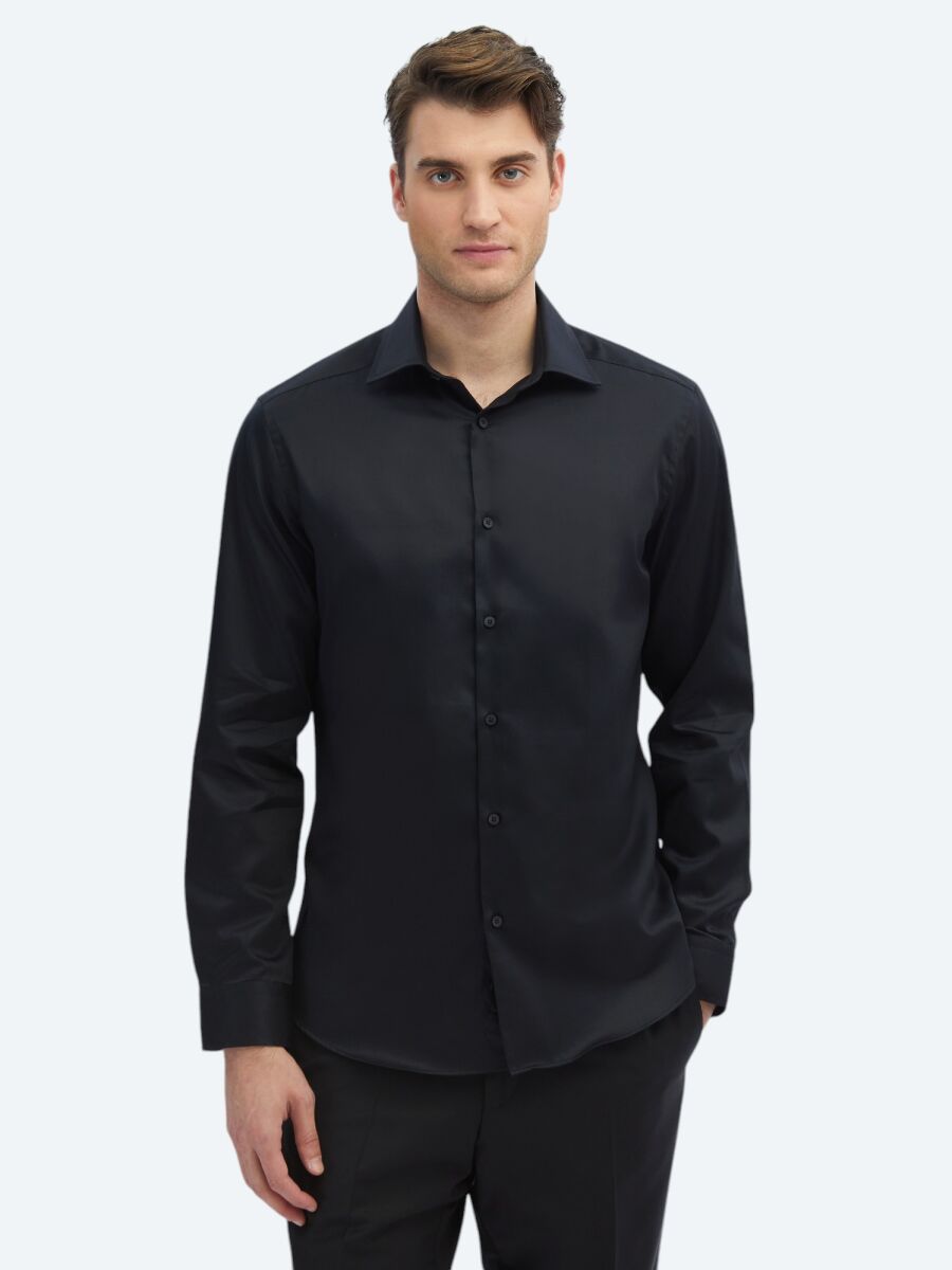 Black Plain Slim Fit Weaving Classical 100% Cotton Shirt - 3
