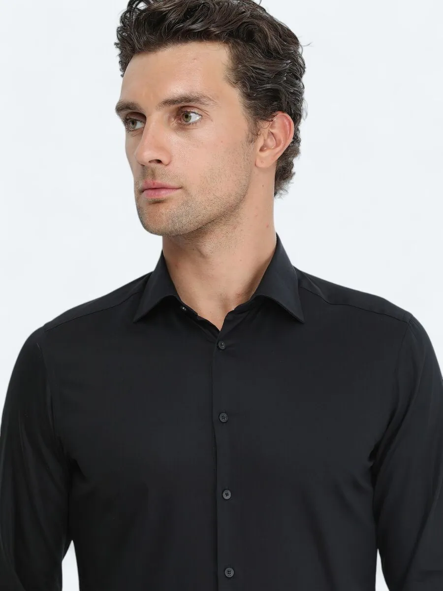 Black Plain Slim Fit Weaving Classical 100% Cotton Shirt - 4