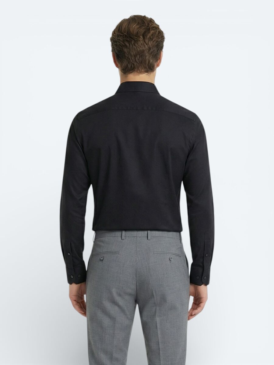 Black Plain Slim Fit Weaving Classical 100% Cotton Shirt - 4