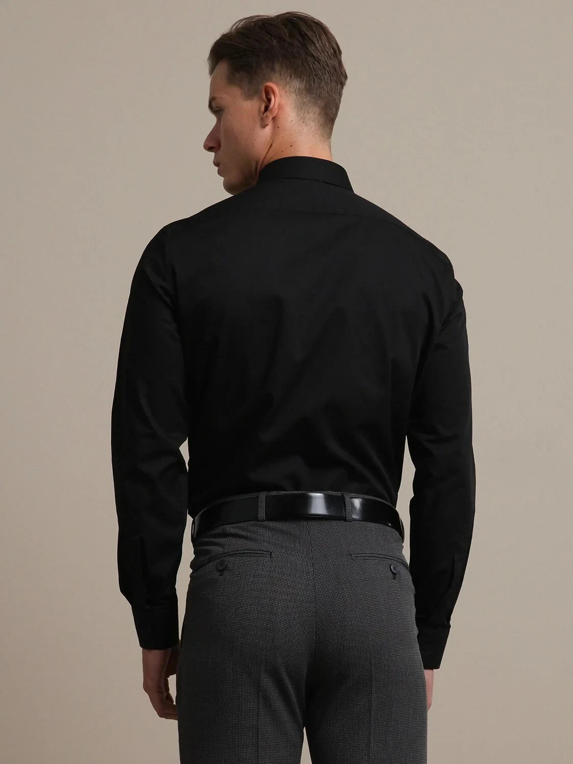 Black Plain Slim Fit Weaving Classical Cotton Blended Shirt - 4