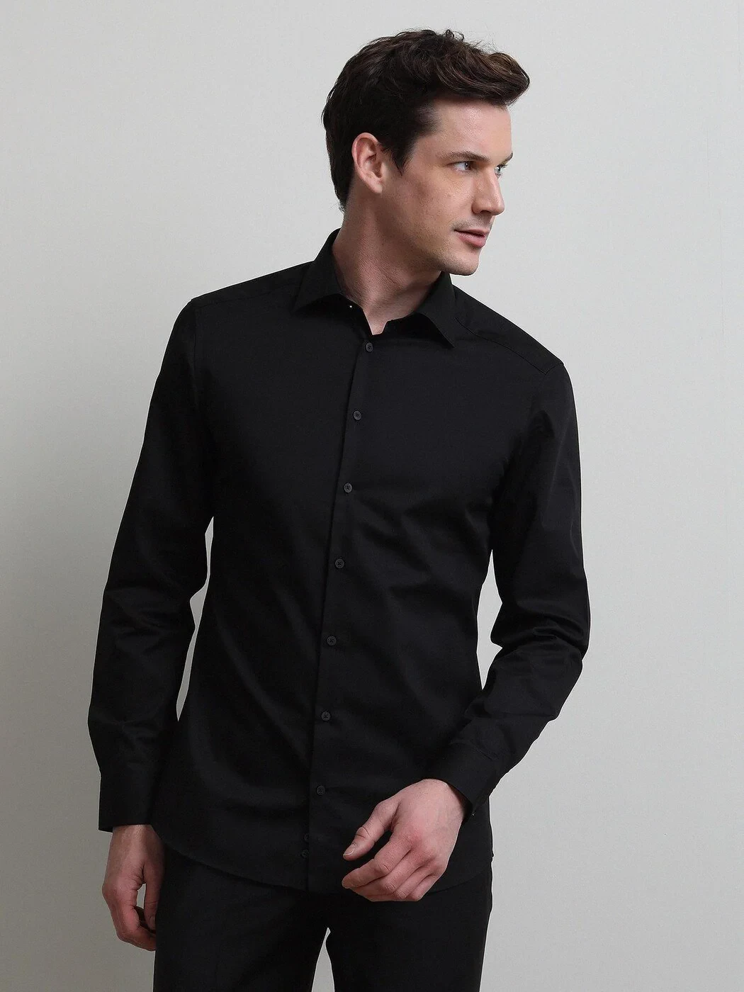 Black Plain Slim Fit Weaving Classical Cotton Blended Shirt 
