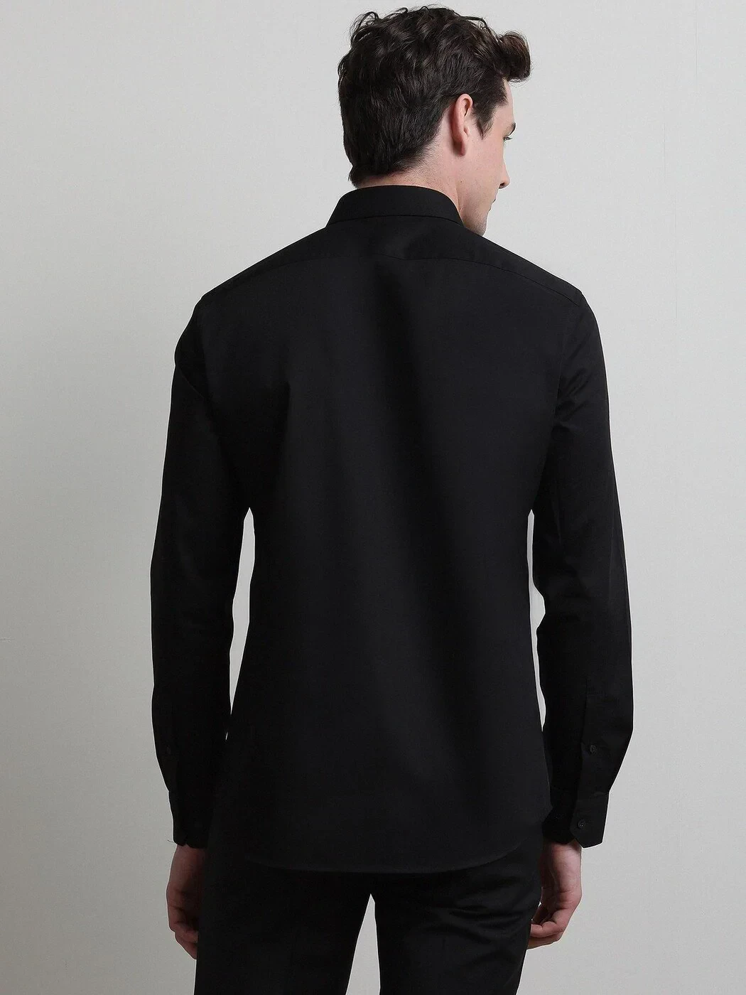 Black Plain Slim Fit Weaving Classical Cotton Blended Shirt - 5