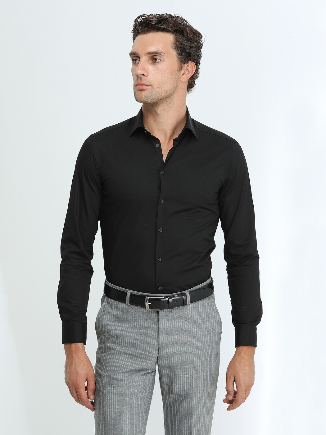Black Plain Slim Fit Weaving Classical Cotton Blended Shirt - 1