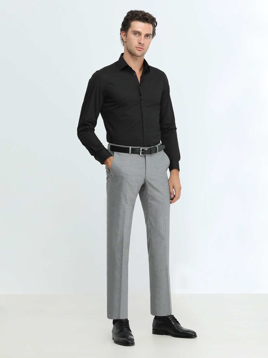 Black Plain Slim Fit Weaving Classical Cotton Blended Shirt - 2