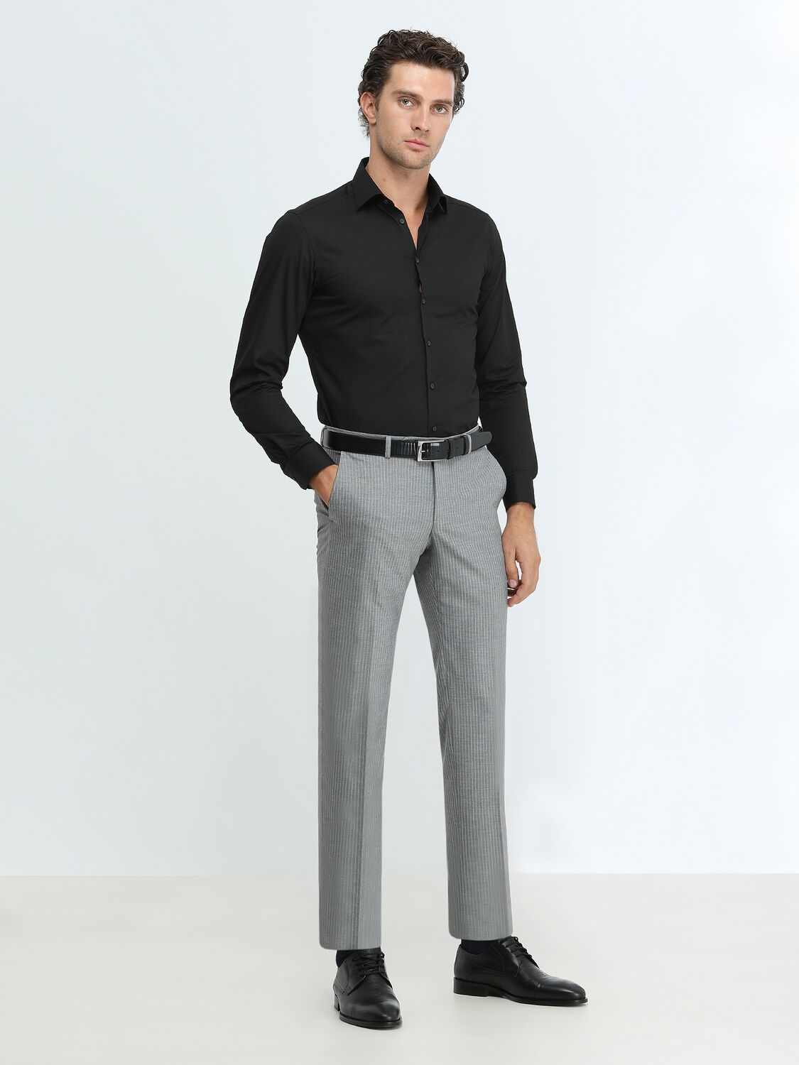 Black Plain Slim Fit Weaving Classical Cotton Blended Shirt - 2