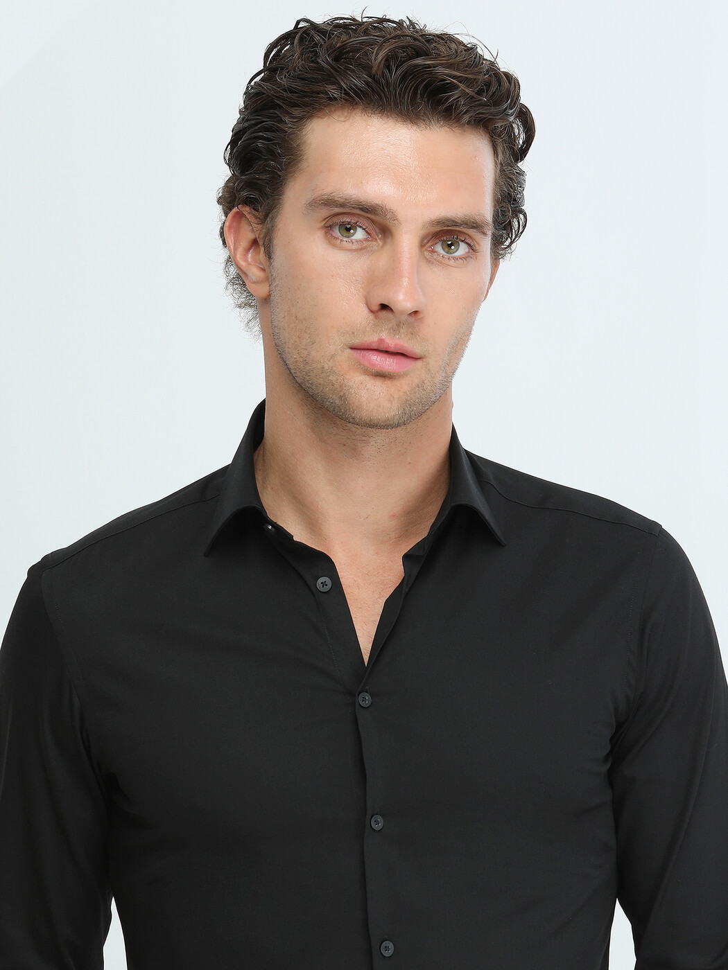 Black Plain Slim Fit Weaving Classical Cotton Blended Shirt - 3