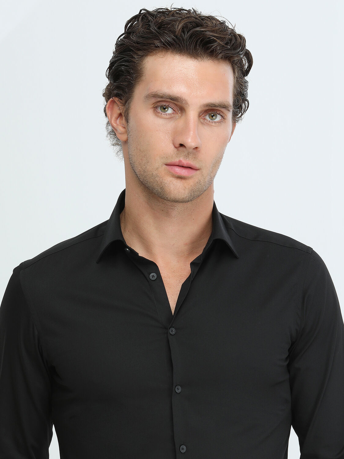 Black Plain Slim Fit Weaving Classical Cotton Blended Shirt - 3
