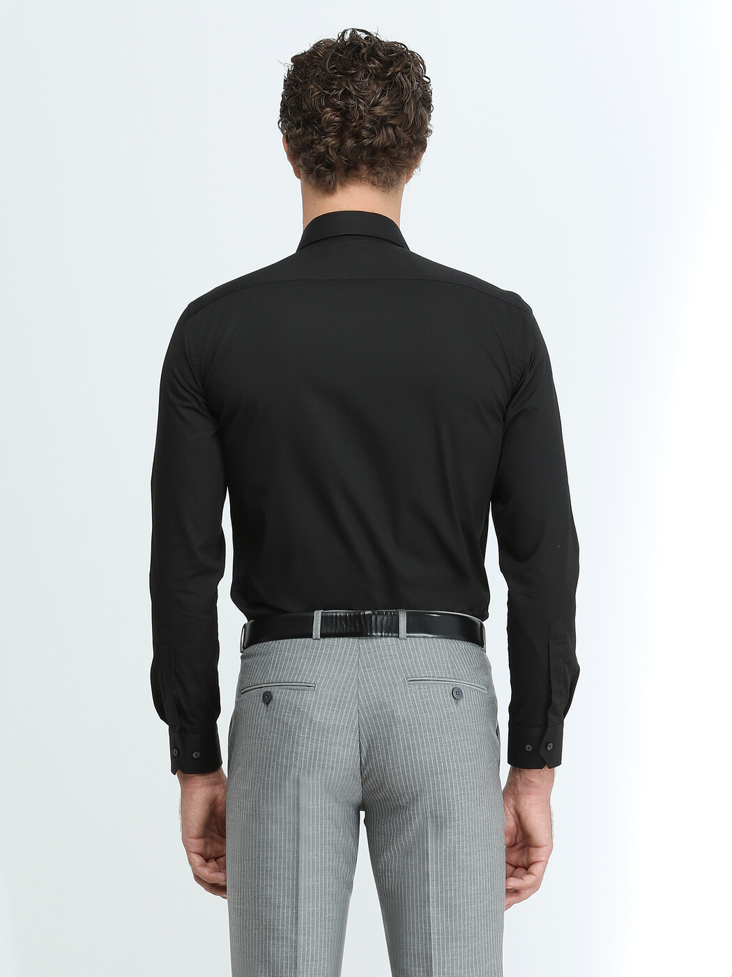 Black Plain Slim Fit Weaving Classical Cotton Blended Shirt - 4