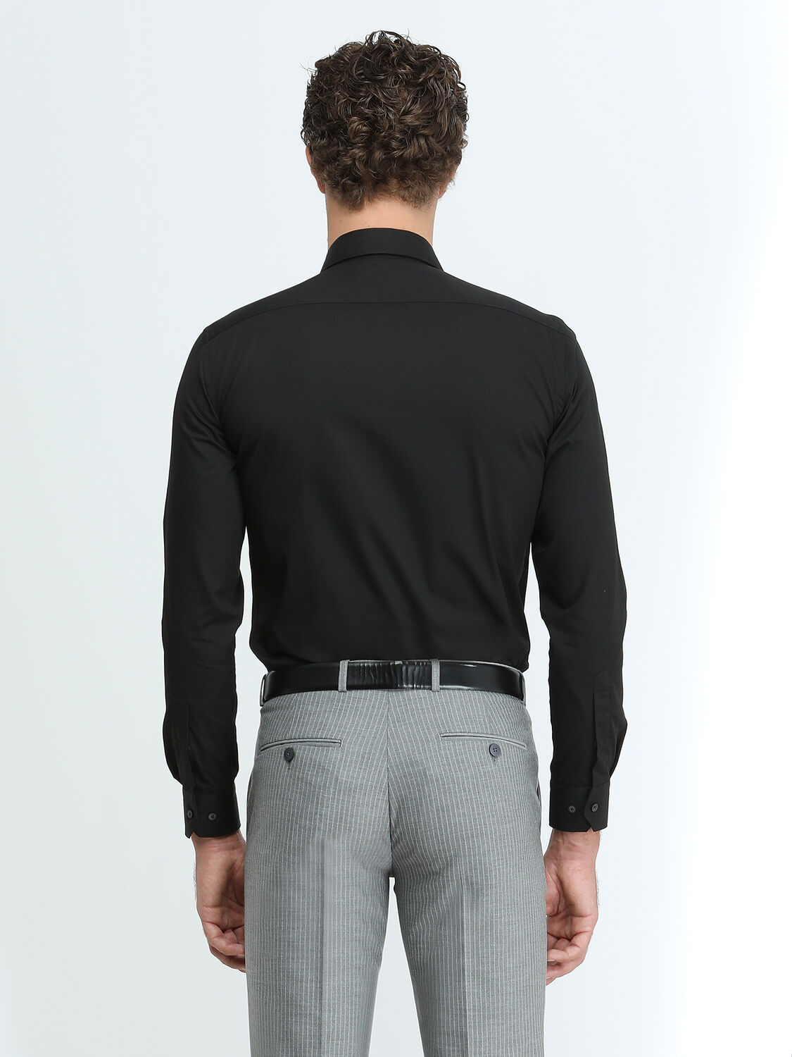 Black Plain Slim Fit Weaving Classical Cotton Blended Shirt - 4