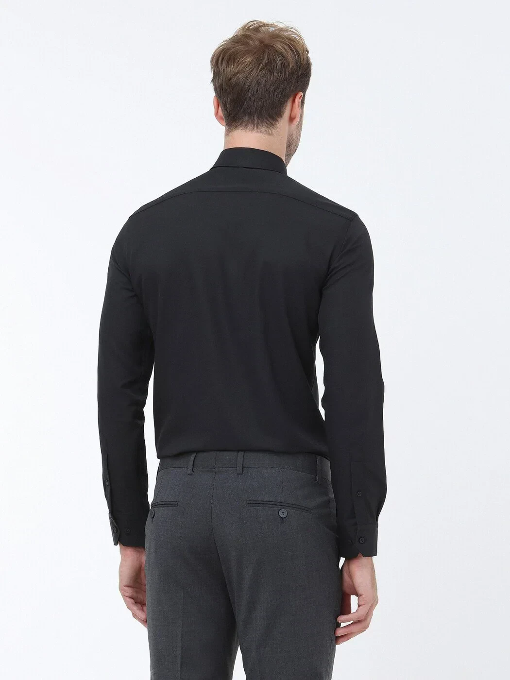 Black Plain Slim Fit Weaving Classical Cotton Blended Shirt - 4