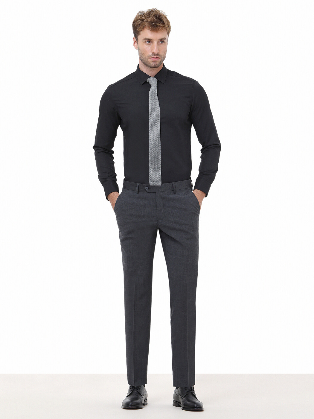 Black Plain Slim Fit Weaving Classical Cotton Blended Shirt - 2