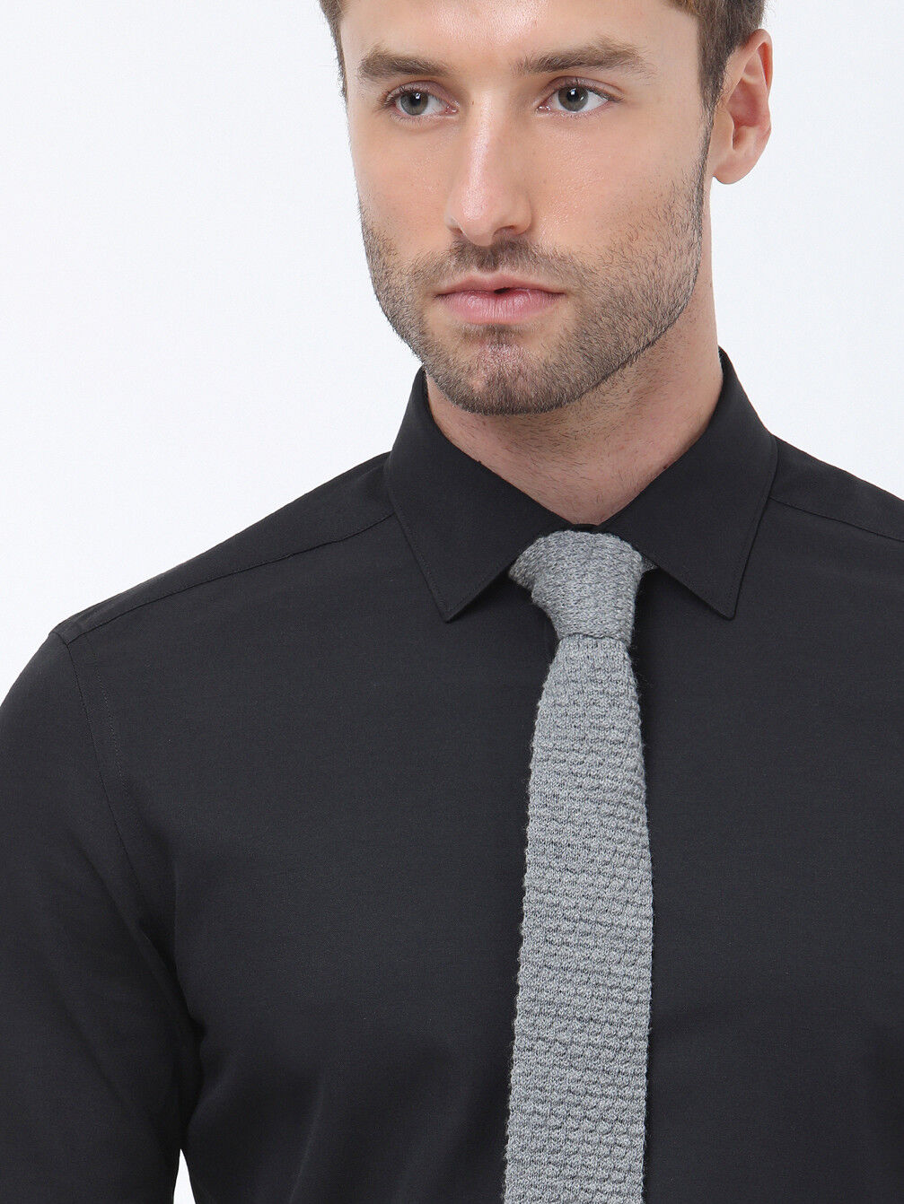 Black Plain Slim Fit Weaving Classical Cotton Blended Shirt - 3