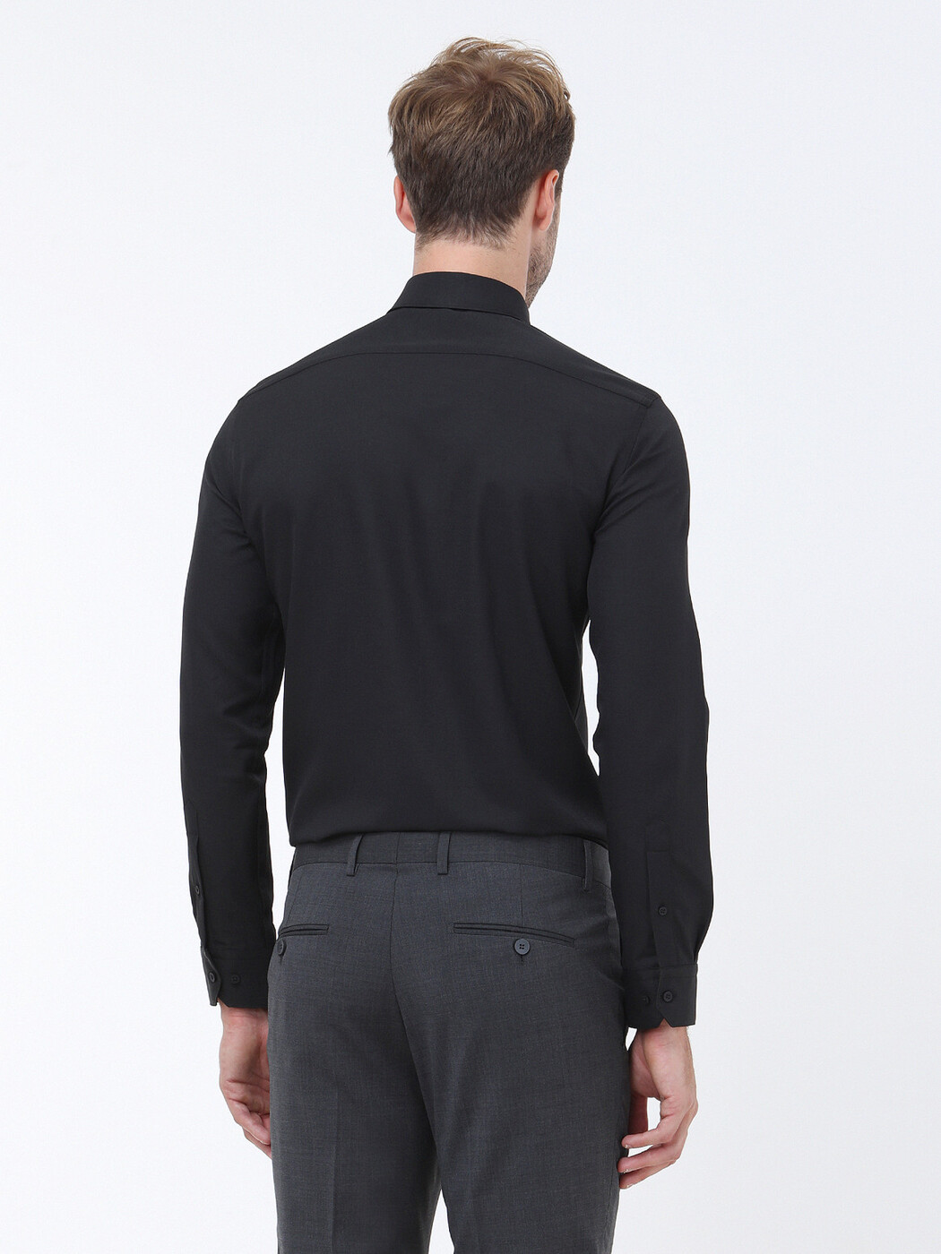 Black Plain Slim Fit Weaving Classical Cotton Blended Shirt - 4