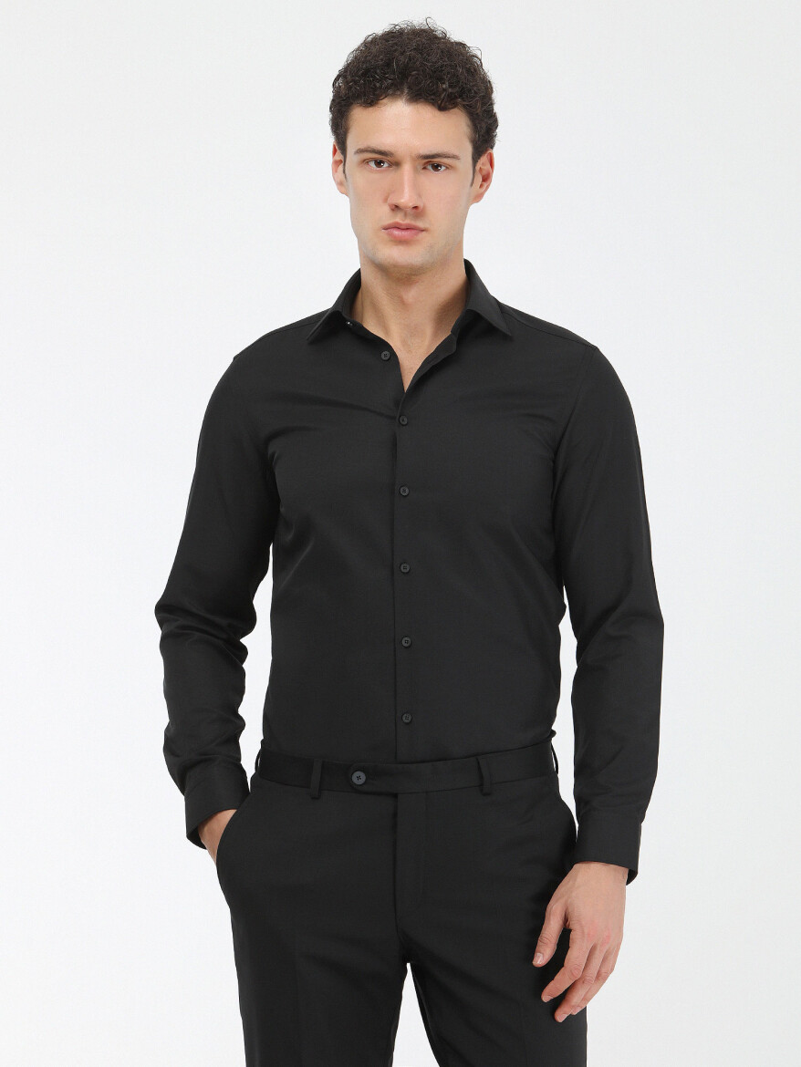 Black Plain Slim Fit Weaving Classical Cotton Blended Shirt - 1