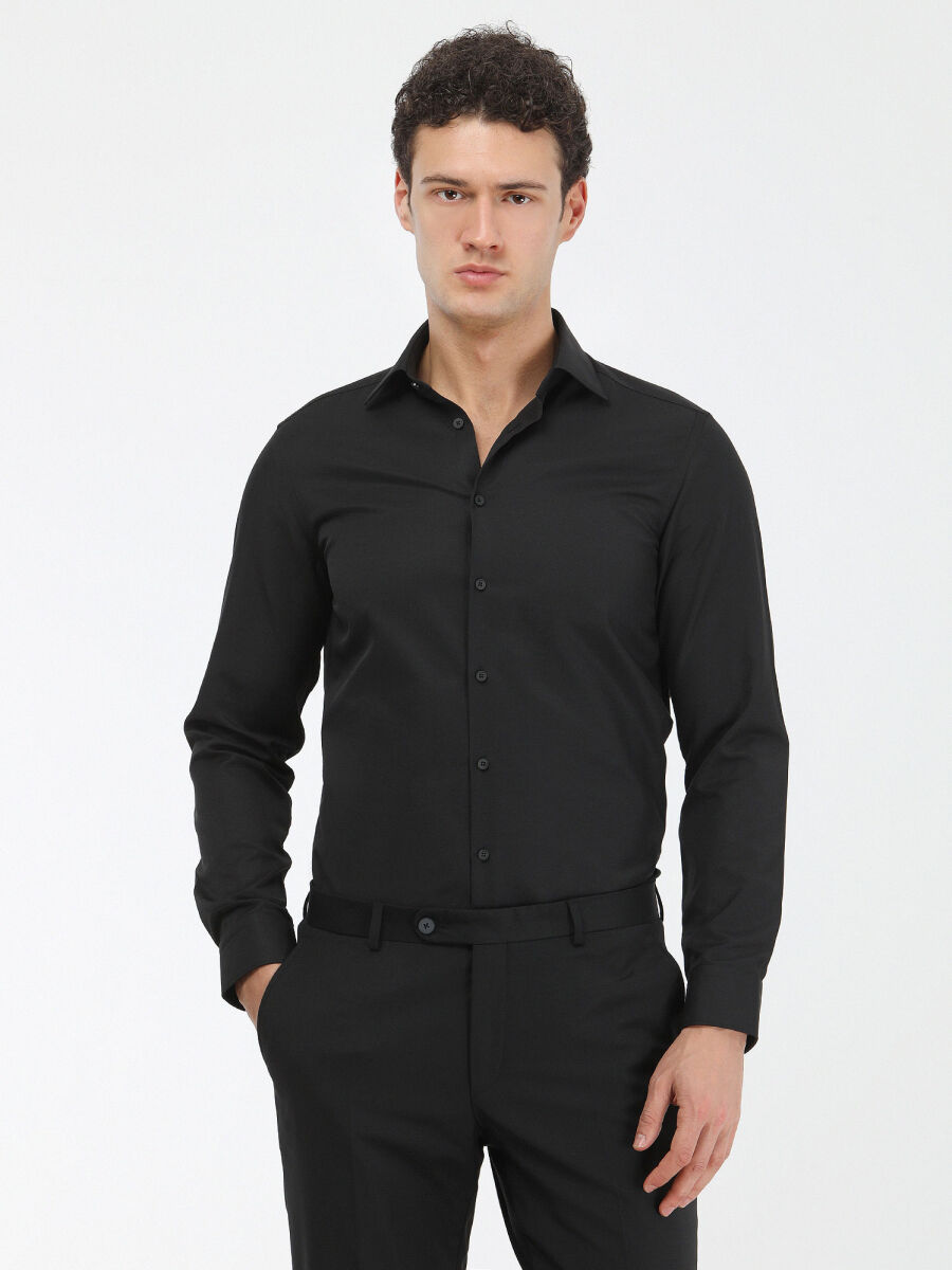 Black Plain Slim Fit Weaving Classical Cotton Blended Shirt - 1